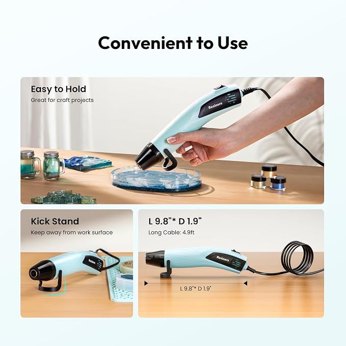 Resiners Heat Gun for Crafting, 350W Mini Heat Gun for Resin Bubbles | Fast-Heating Mini Heat Gun With Dual Temperatures, 3 Nozzles and Silicone Covers for Resin, Vinyl, Shrink Wrap and DIY Crafts