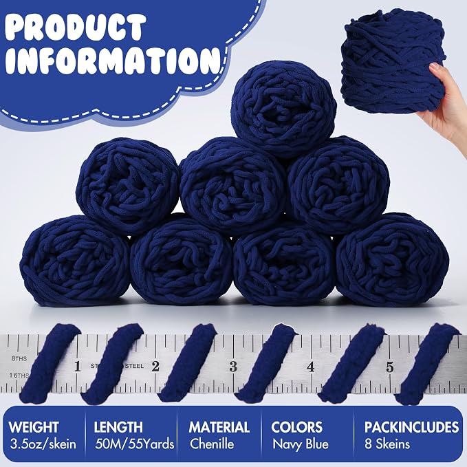 Buryeah 8 Pack Chunky Chenille Yarn for Crocheting, Navy Blue