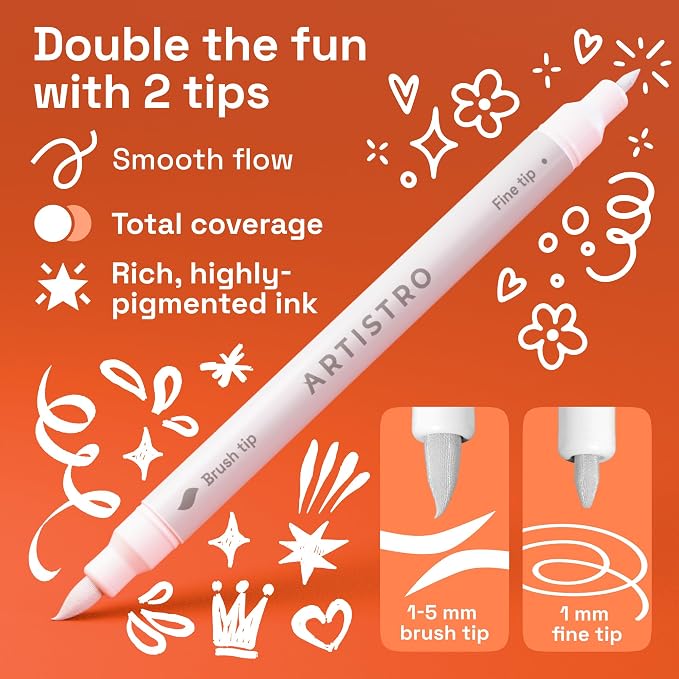 ARTISTRO 5 White Dual-Tip Acrylic Paint Marker Pens for Drawing | For Fabric, Rock, Glass, Wood, & Molds, Arts & Crafts Gift for Adults, Teens, & Kids, Classroom Must Haves & School Supplies
