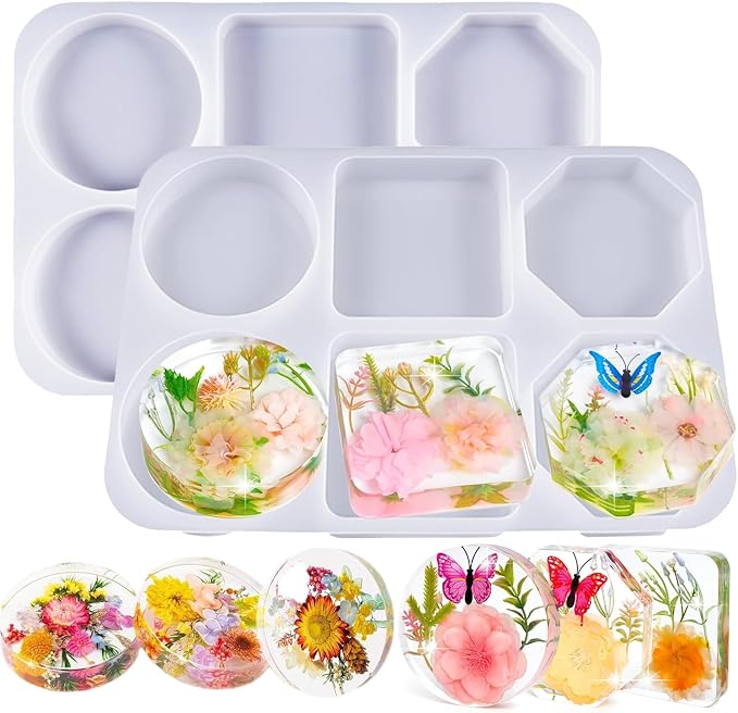 2pc Deep Coaster Resin Molds Silicone Octagon Round Square Silicone Molds for Resin Epoxy Resin Casting Craft Mold for Flower Preservation DIY Art (Mixed)