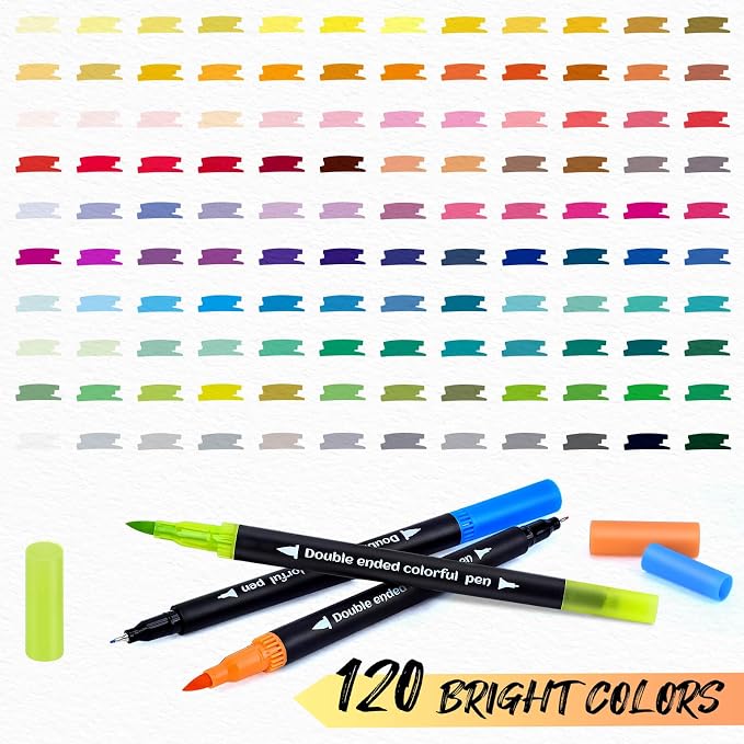 MIN CI 120 Colors Dual Tip Markers, Fine Tip and Brush Tip Permanent Coloring Markers for Drawing Art Supplies, Dual Marker s Brush Pens Kit for Adult Coloring Book, School Supplies, DIY Crafts