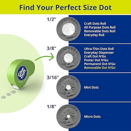 Glue Dots, Removable Dots Dot N' Go Dispenser, Double-Sided, 3/8", .38 Inch, 200 Dots, DIY Craft Glue Tape, Sticky Adhesive Glue Points, Liquid Glue Alternative, Clear