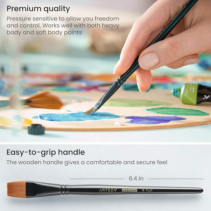 ARTEZA Paint Brushes Set of 12, Acrylic and Oil Paint Brushes with Synthetic Hair, Rust-Resistant Ferrules and Birch Wooden Handles for Canvas, Crafts, Blending, Layering, and Detail Work