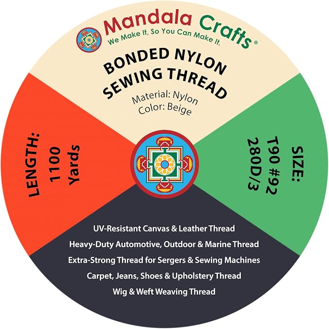 Mandala Crafts Size 92 280D T90 Beige Bonded Nylon Thread, 1100 YDs