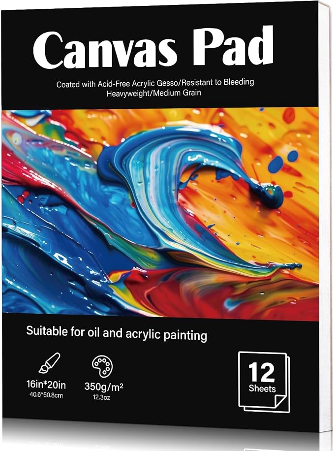 12 Sheets Canvas Paper Pad 16 x 20 in, 350 GSM, Glue Bound | Canvas-Textured Sheets, Single-Sided Glue Binding, for Acrylic, Oil, Gouache, Markers, Portable for Studio Or Travel