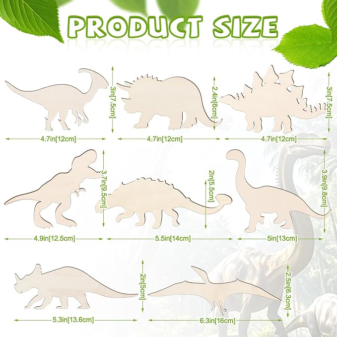 48 Pack Unfinished Wooden Dinosaur Animal Cutouts,Pterosauria,Tyrannosaurus Rex,Triceratops,Stegosaurus,Ankylosaurus Shapes Model for Home Decor Ornament,DIY Craft Art Project(6 PCS/Shape)