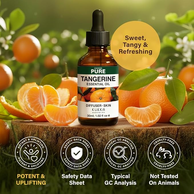 Kukka 100% Pure Tangerine Essential Oil for Skin, Diffuser, 1.02 Fl Oz | Tangerine Oil for Aromatherapy, Body Care, DIY Perfume, Sweet Citrus Scent for Relaxation & Restful Nights