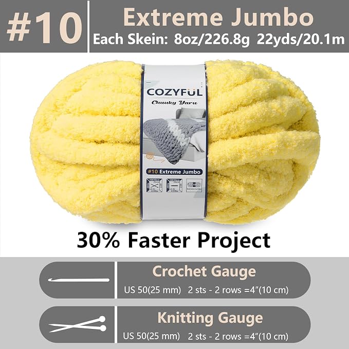 Cozyful Chunky Yarn for Hand Knitting - #10 Chunky Chenille Yarn, Jumbo Big Thick Chunky Yarns for Crocheting, Super Bulky Chunky Knit Blanket Yarns, 8 Skein (22 yds 8 oz Each Skein), Yellow
