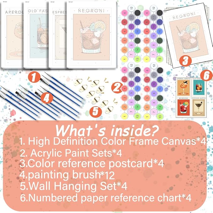 4 Pack Small Framed Paint by Numbers Kit for Adults Beginner 8x12 Inch | Easy Frame Cocktail Paint by Number Kit for Adults beginner on Canvas Mini