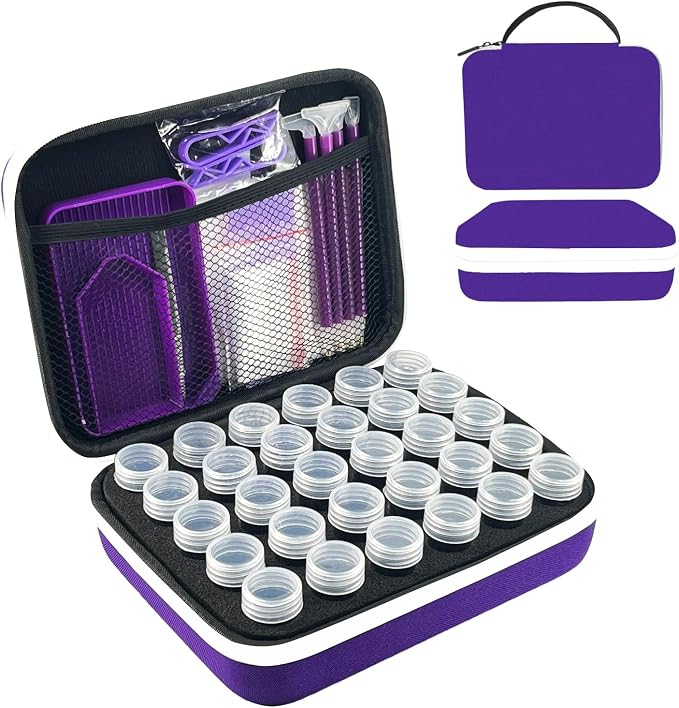 30 Slot Diamond Painting Storage Containers | Purple 30-slot storage box with tools & accessories for diamond art