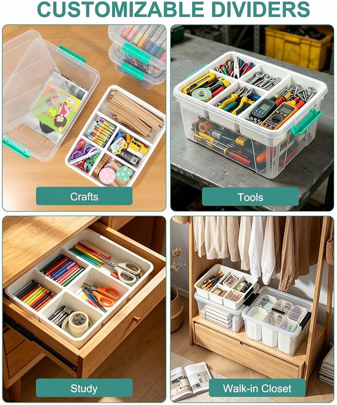 EOENVIVS 17 QT Clear Craft Storage Organizer Box with Removable Tray, Plastic Storage Bins with lids for Kids Art Supplies, Toys, Beads, Tools, Sewing & Classroom Clear+Green Bulcket