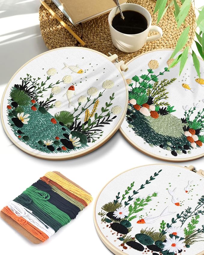 TINDTOP 5 Pack Embroidery Kit for Adult, Embroidery DIY Starter Kit | with Fish World Stamped Patterns, Hoop, Tools, Colorful Threads with Needles, Instructions