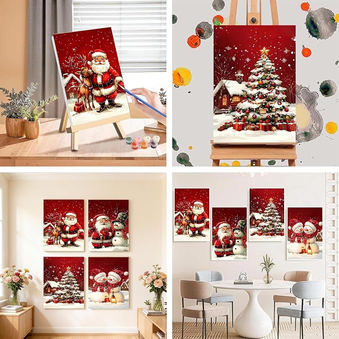 4 Pack Christmas Paint by Numbers Kit for Adults with Frame, Easy Snowman Paint by Number for Adults Beginner with Wooden Easel, DIY Painting by Numbers Canvas Framed for Home Decor 8 x 12 Inch