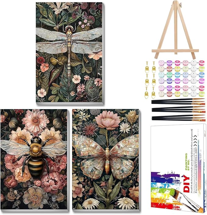 Mandun Insect Paint by Numbers Kit for Adults, 3 Pack, 7.8x11.8 inch | DIY Painting Kits Crafts for Adults, Relieve Stress, Frame Canvas, Wooden Easel, Gift Box, Home Wall Decor