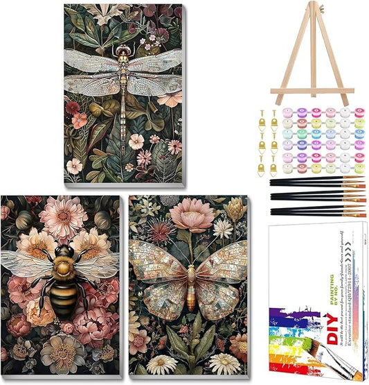 Mandun Insect Paint by Numbers Kit for Adults, 3 Pack, 7.8x11.8 inch | DIY Painting Kits Crafts for Adults, Relieve Stress, Frame Canvas, Wooden Easel, Gift Box, Home Wall Decor