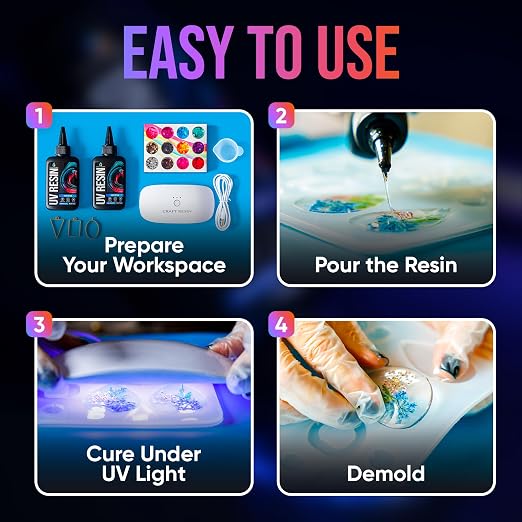 CRAFT RESIN 500g UV Resin Kit Hard Type Low Viscosity – Crystal Clear and No-Yellowing UV Resin Glue for DIY, Jewelry Making, Molds Casting and Polymer Clay Projects - Fast Cure Under UV Light