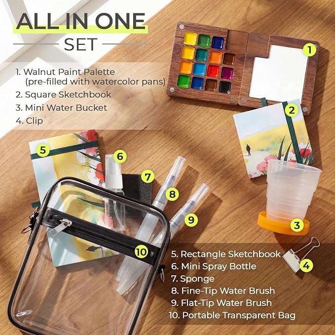Travel Watercolor Set, 15 Color Portable Watercolor Paint Set
