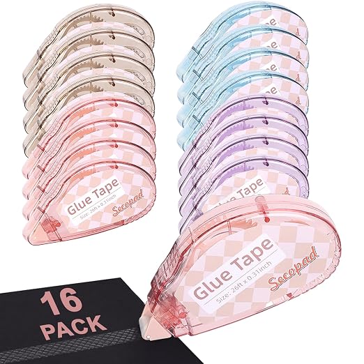 Secopad Scrapbook Tape, Glue Tape for Crafts, 16 Pack, Light-Colored Shell | 0.3IN x 26FT, Sticky & Safe, Double Sided Tape for Crafts, Scrapbooking Junk Journaling Supplies, For School Office Teachers