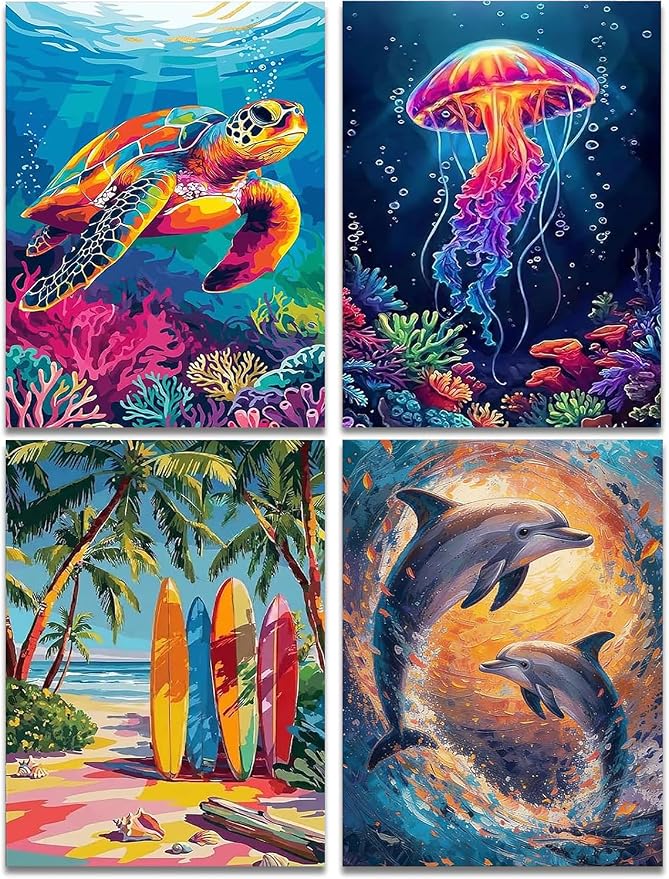 VeGuude Diamond Art Kits for Adults,4 Pack Marine Animals Diamond Painting Dots Art Kits for Adults Beginner, Sea Turtle DIY Full Round Gem Crystal Art Paint by Diamond, Home Wall Decor 12x 16 in