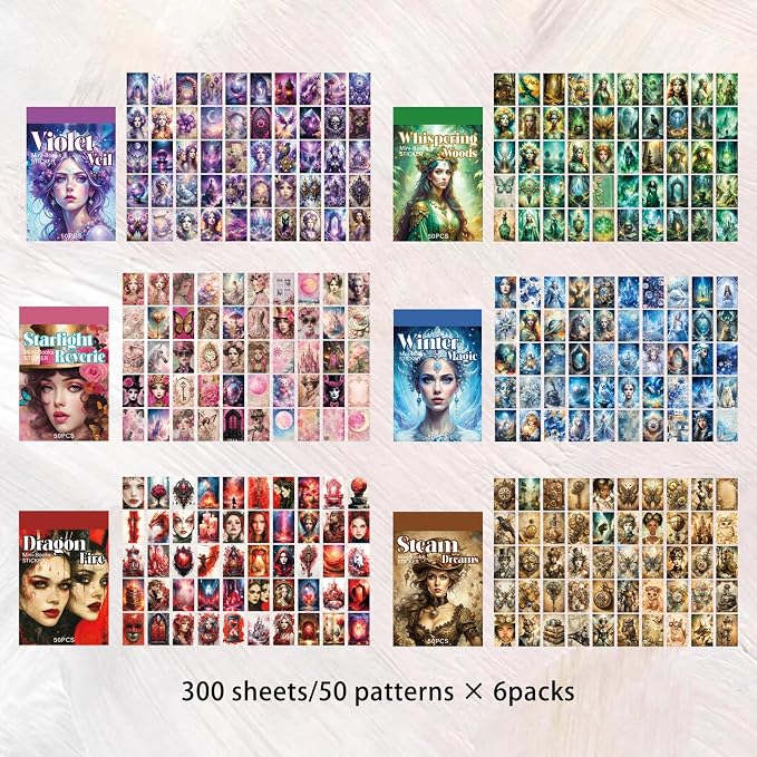 Bomichi Washi Stickers, 6 Sets 300 Pcs Aesthetic Sticker Book for DIY Journaling, Journaling Supplies for Bullet Journal Art Diary Card Craft Gifts Planner Notebook