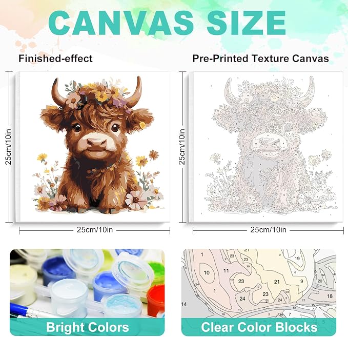 GEEHEIY Framed Paint by Numbers Kit for Adults, Highland Cow, 10 x 10 Inch | DIY Adult Paint by Number Kit for Beginners, Farmhouse Wall Decor, Stress Relief Craft Gift, Creative Hobby