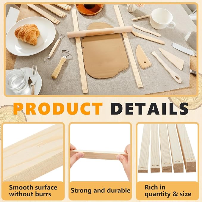 Sasylvia 10 Pcs Clay Pottery Rolling Pin Guides,5 Size Lengthen,Wood Color | Wooden, Teaching Rolling Mud Stick Guide, Polymer Clay Depth Thickness Guide, Pottery Mudboard Tool