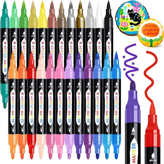 TBC The Best Crafts Acrylic Paint Markers, 24 Colors Dual Tip Pen | Waterproof, Non-Toxic for Rock Painting, Wood, Glass, Ceramic, Fabric – Art Supplies for Artists & Hobbyists