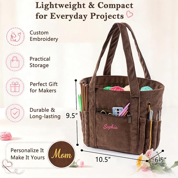 MYBAGZIGN Personalized Crochet Bag, Custom Corduroy Yarn Storage Tote with Pockets for Crochet Hooks, Knitting Supplies & Yarn, Project Bag Gift for Crocheters & Knitters