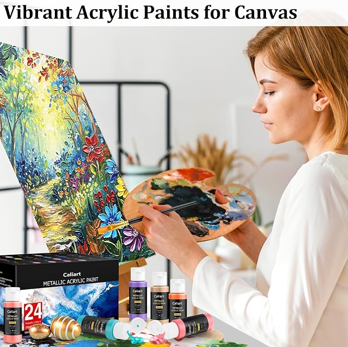 Caliart 24 Colors Acrylic Metallic Paint Set with 12 Brushes | Craft Painting kit for Adults Artists Beginners, Rich Pigment Non-toxic, Canvas Wood Rock Pumpkin Ceramic Art Supplies Paint