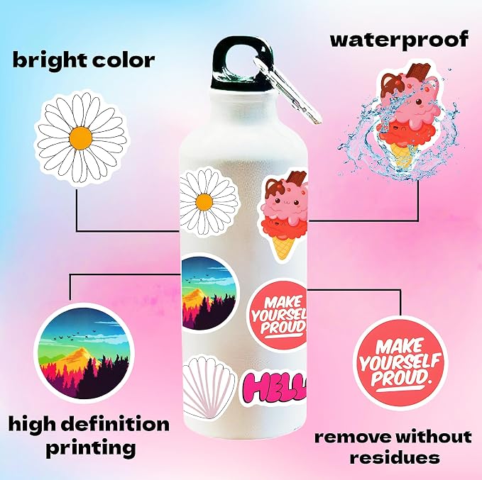 300Pcs Waterproof Vinyl Water Bottle Stickers for Kids Teens, Cute Aesthetic Sticker Packs for Students School Supplies Teacher Prizes Classroom Must Haves