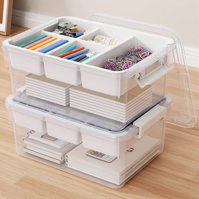 40Qt Stackable Storage Bins with Lids Trays Craft Box Organizers, 2Pack,WH