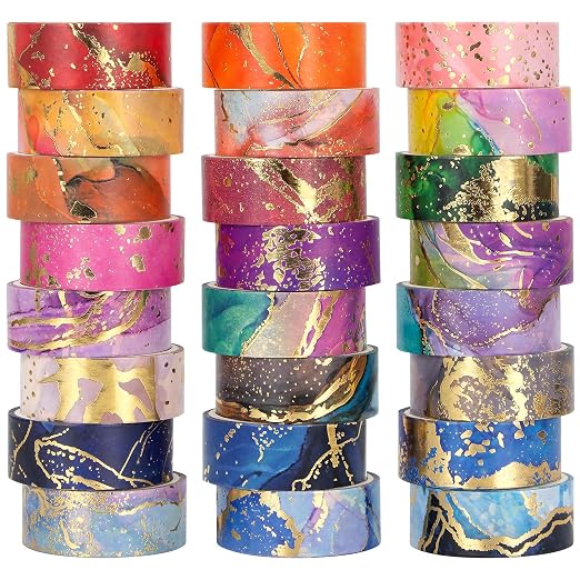 NANYNNU Gold Washi Tape Set - 24 Rolls Metallic Foil Marbling Washi Tape, Decorative Washi Tapes for Junk Journal Supplies, Bullet Journal Supplies, DIY Crafts, Scrapbooking, School Supplies