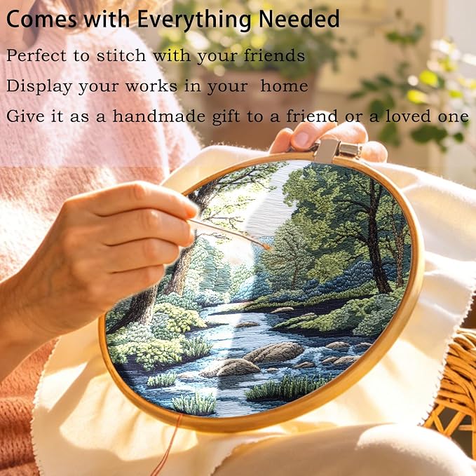 FONNUY Embroidery Kit for Beginners, Boho Nature Landscape Pre-Stamped Pattern Kits for Adults with Hoop, Easy to Follow Color Thread Needlework, 8'' Hoop (Verdant Riverside)