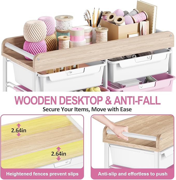 10 Drawers Rolling Cart with Wooden Tabletop, Utility Storage Cart with Wheels, Art Supply Craft Organizer on Wheel with Metal Frame & Handles for Home Office School,Pink | Easy Setup, Large Capacity, Sturdy Build, Lockable Mobility, For office, classr...