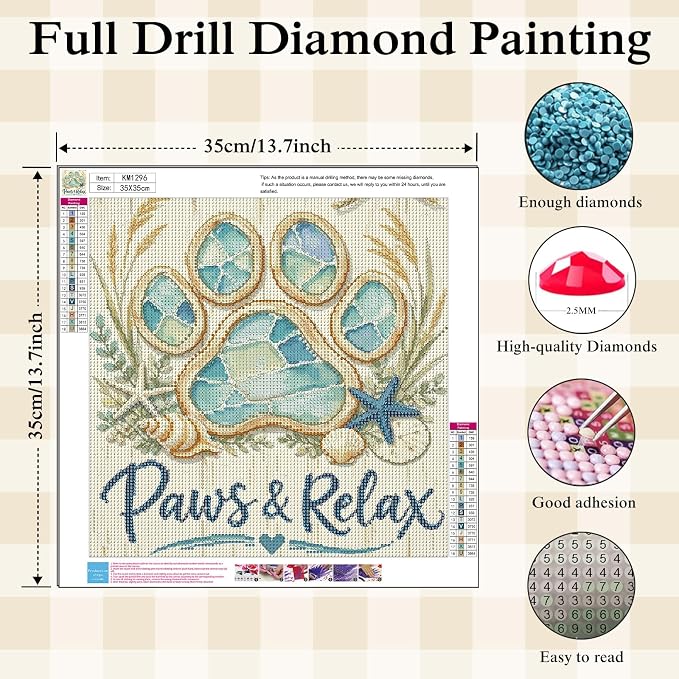 Coastal Dog Paw Diamond Painting Kits for Adults,Beach Ocean Diamond Art | DIY Full Round Drill Gem Painting Seaside Paint by Diamonds Relaxing Craft for Home Wall Decor 13.7x13.7In