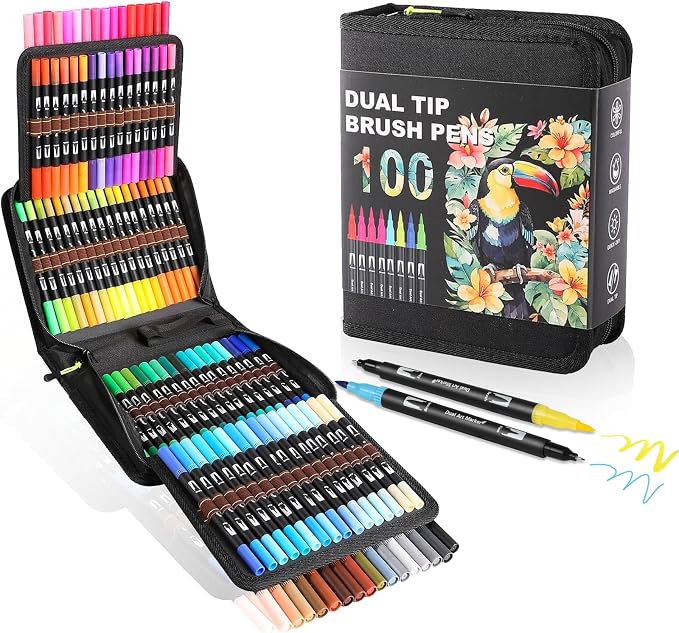 100 Colors Dual Tip Watercolor Markers Pens for School Supplies-Brush&Fine | Coloring Markers No Bleeding for Adult Coloring Books Calligraphy Card Making Sketching Journaling Note Taking Planner Travel