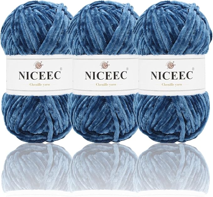 NICEEC 3 Skeins Soft Chenille Yarn 3 x85m (3X 93yds, 3X 50g)_Navy Blue