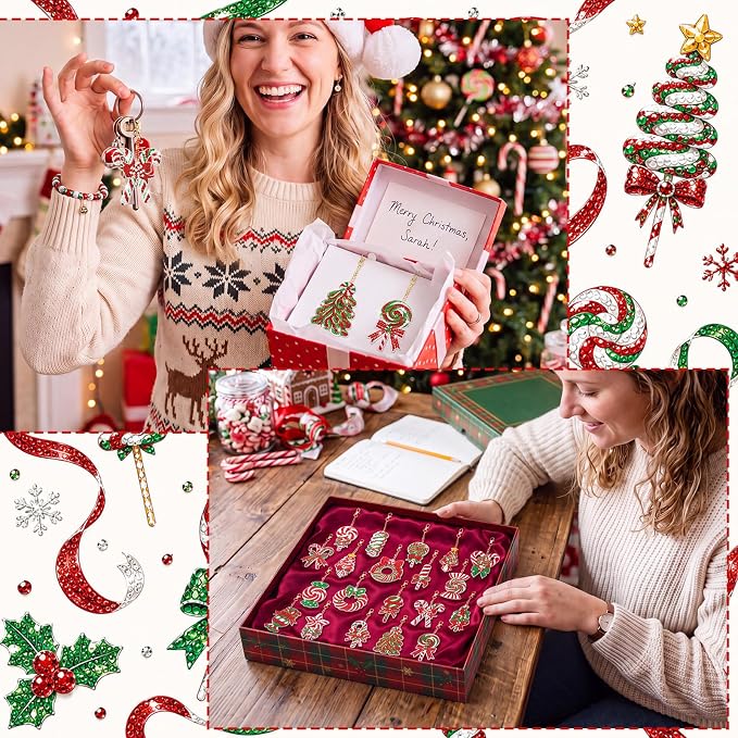 Tondiamo 20 Pcs Christmas Candy Diamond Painting Keychain Kits 5D DIY Diamond Art Pendants Double Sided Hanging Key Chains for Christmas Party Decoration DIY