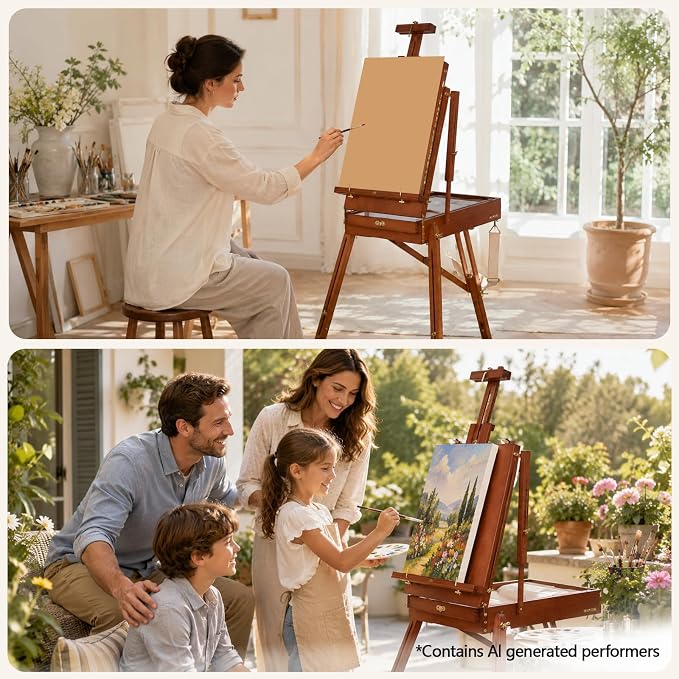 DJAR French Easel with Shoulder Strap, Adjustable Beech Wood Art Easel with Drawer, Palette, Level Instrument & Scale Leg, Studio Tabletop Floor Easel for Artists, Hold Canvas up to 34", Walnut