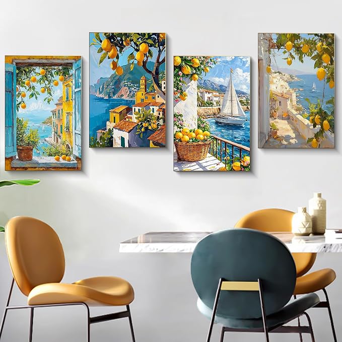 4 Pack Framed Paint by Numbers Kit for Adults Lemon Tree with Wooden Easel | With Frame Canvas 8x12 IN, For Adults Beginner, DIY Acrylic Painting Lemon, Stress Relief Craft Kits, Home Wall Decor Gift