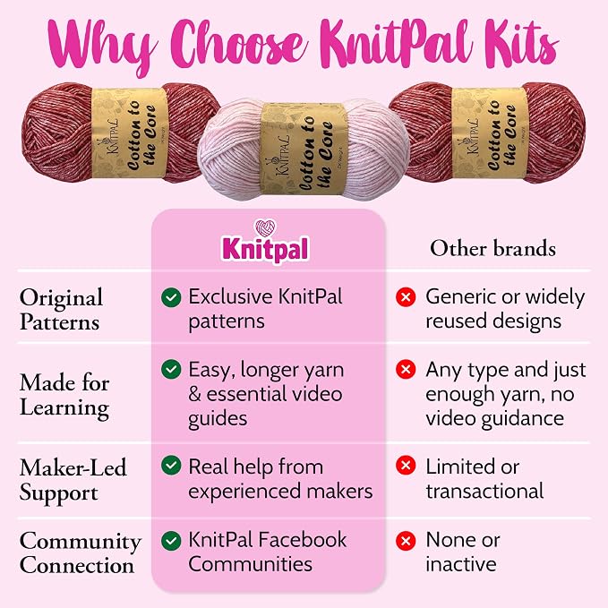 KnitPal Dishcloth Knitting Kit for Beginners (Cherry Red + Blush Pink)