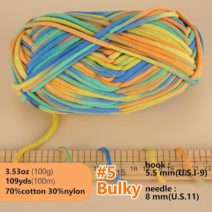 LUCKY BALL Yarn for Crocheting, 100g / 109 yd 70% Cotton 30% Nylon #5 Bulky Tube Yarn, Soft Crochet & Knitting Yarn for Bags, Hats, Socks, Sweaters, Blankets(Orange Blue)