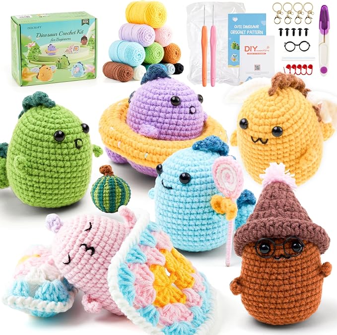INSCRAFT Crochet Kit for Beginners, 6 Pack Dinosaurs Crochet Animal Kit,Starter Kit with Step-by-Step Video Tutorials, Learn to Crochet Kits for Adults, DIY Knitting Craft Supplies Gift