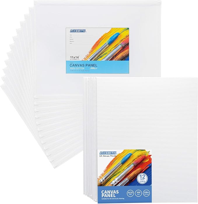 FIXSMITH Canvas Boards for Painting 11x14 Inch, Super Value 12 Pack White Blank Canvas Panels, 100% Cotton Primed, Painting Art Supplies for Professionals, Hobby Painters, Students & Kids
