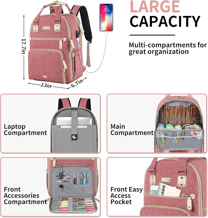 SINVICKO Crochet Bag, Knitting Bag Backpack and Totes Organizer with USB Charging Port, Large Yarn Storage Tote Bag