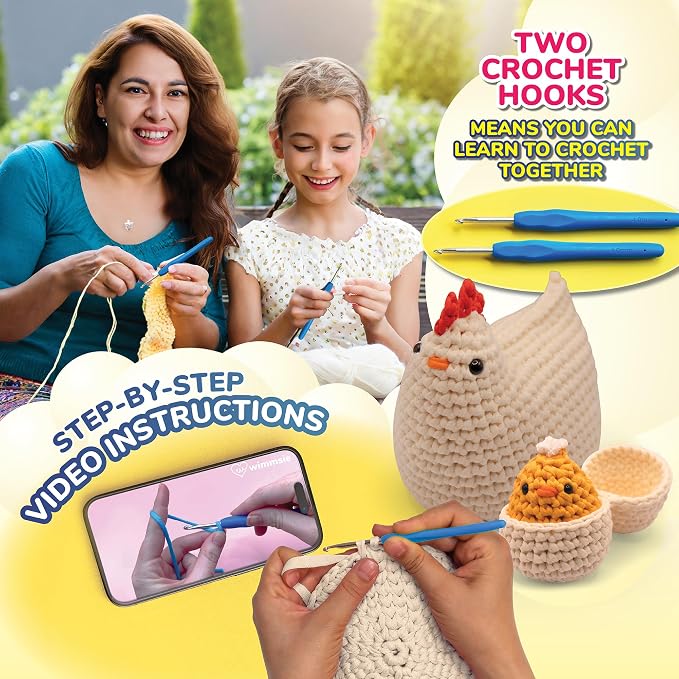 Wimmsie Crochet Animal Kit for Beginners - Easy Beginner Crochet Kit for Kids - Amigurumi Chicken Chick & Egg - 3 Kawaii Stuffed Animals - Cute DIY Yarn Plush