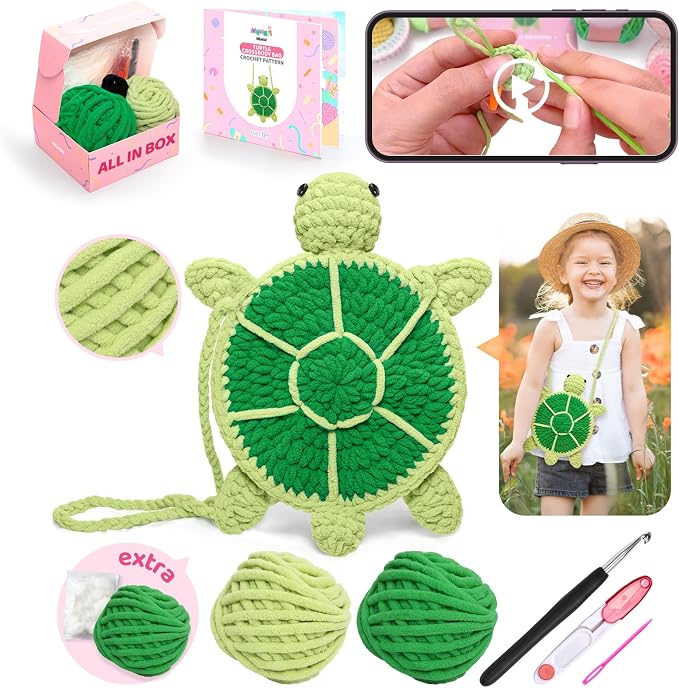 Mewaii Turtle Crossbody Bag Crochet Kit for Beginners, 40% Extra Yarn | Video Tutorial, Pre-Started Piece, Gift Box, Level 1 Starter Kit, Family Craft for Adults, Kids & Beginners