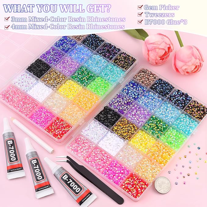 2 Boxes Jelly Rhinestones for Bedazzling, 46000Pcs 3mm&4mm Multicolor Flatback Resin Gems for Crafting, Bedazzler Kit with 3Pcs 10ml B7000 Jewelry Glue for DIY Crafts Tumblers Fabric Decor Nail Art