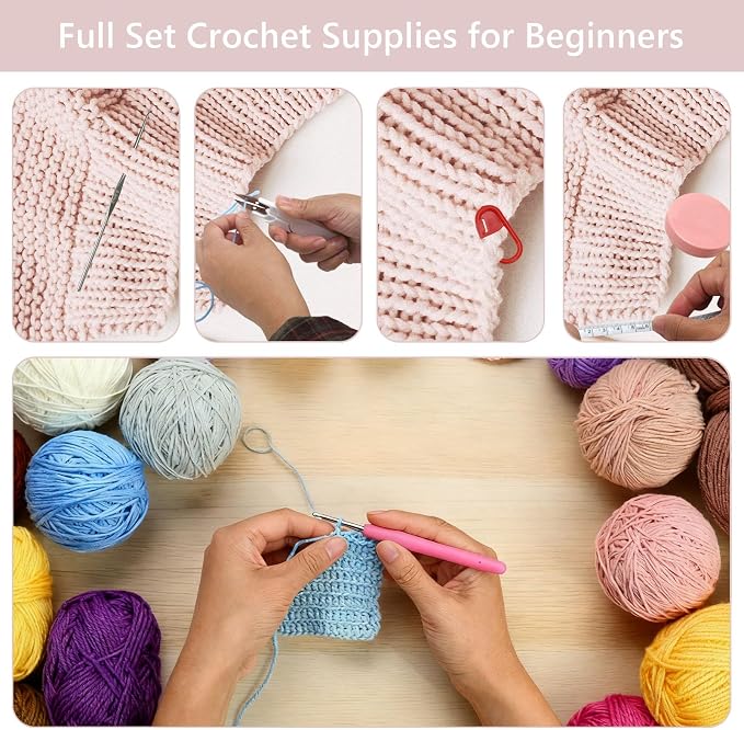 BJSSBJH Crochet Tools and Supplies Set, 57-Piece Crochet Hook Kit with Yarn and Accessories, Portable Craft Tool Kit for Adult Beginners and Experienced Crafters (C Style)