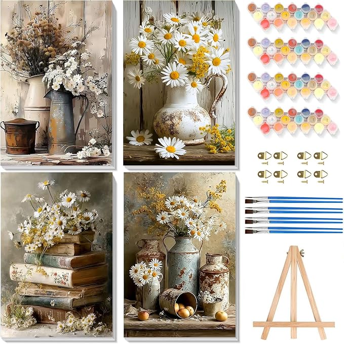 4 Pack Flower Paint by Numbers for Adults with Framed Canvas - Wooden Easel | Vintage Flower Paint by Number, Daisy Rustic Flowers Acrylic Oil Painting on Canvas with Brush for Home Wall Decor 8x12 inch